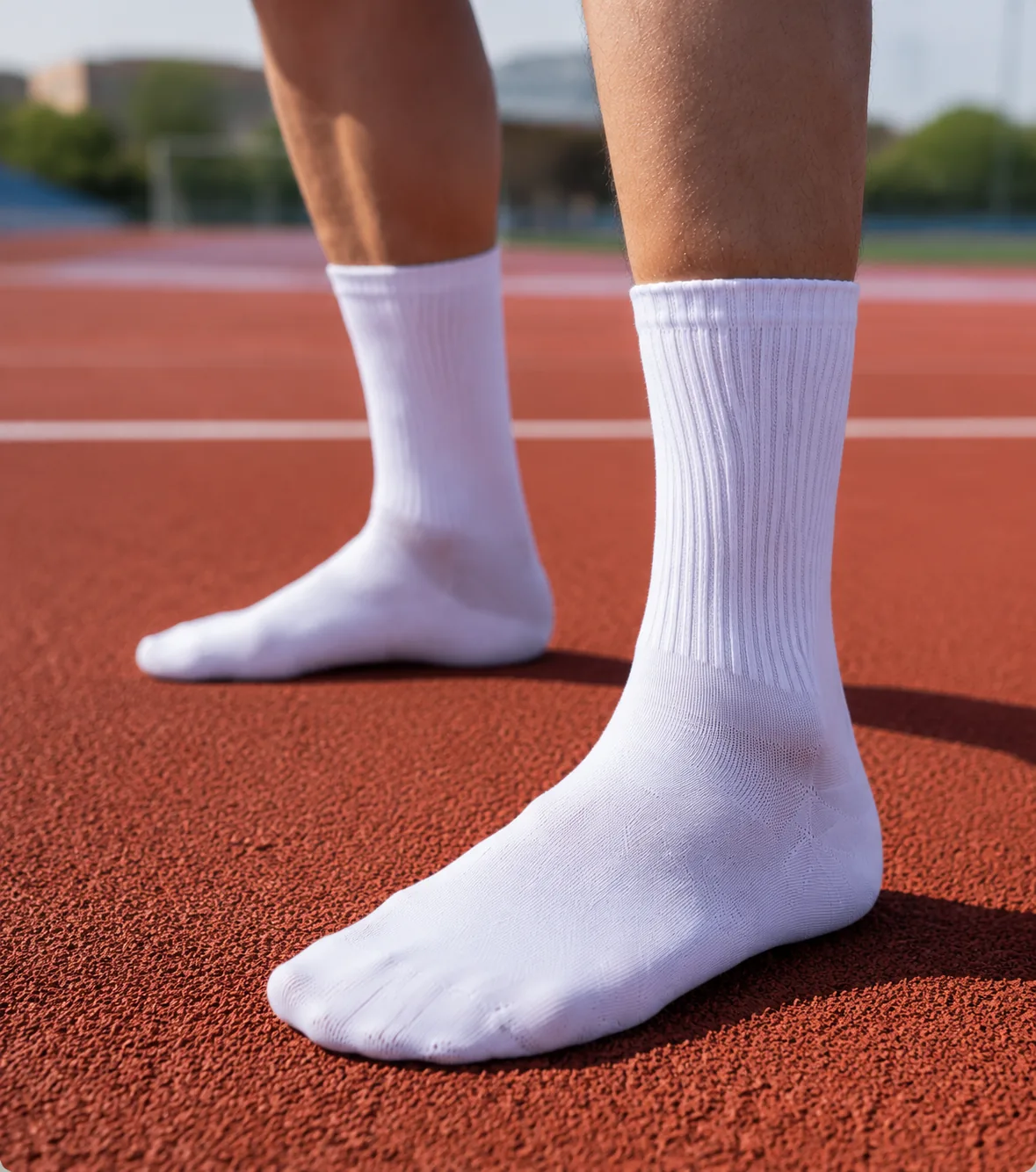 White daily crew socks worn on an outdoor running track