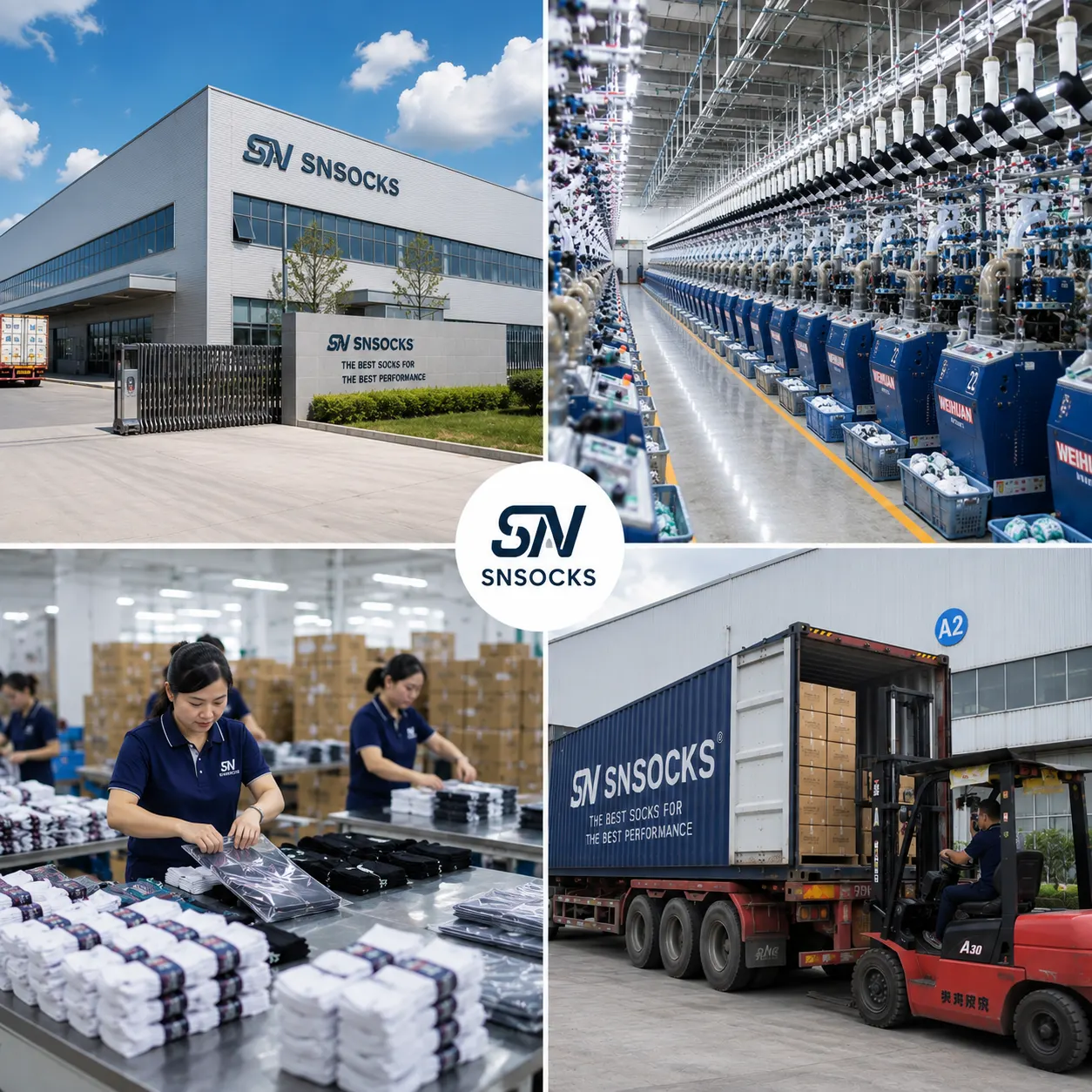 SNSOCKS factory exterior, production, packing and container loading